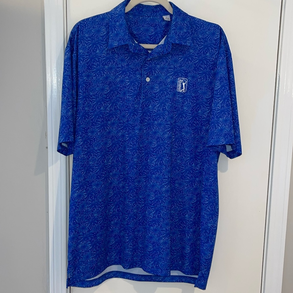 Men's PGA Tour Brand Blue Firework Print Polo with PGA Tour Logo